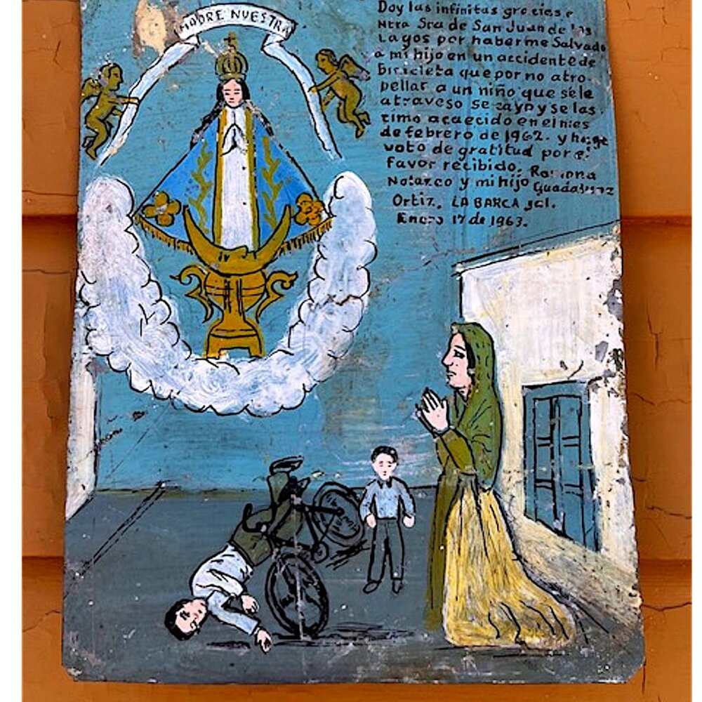 Vintage Mexican Folk Art Ex-Voto Retablo on Tin Bicycle Prayer